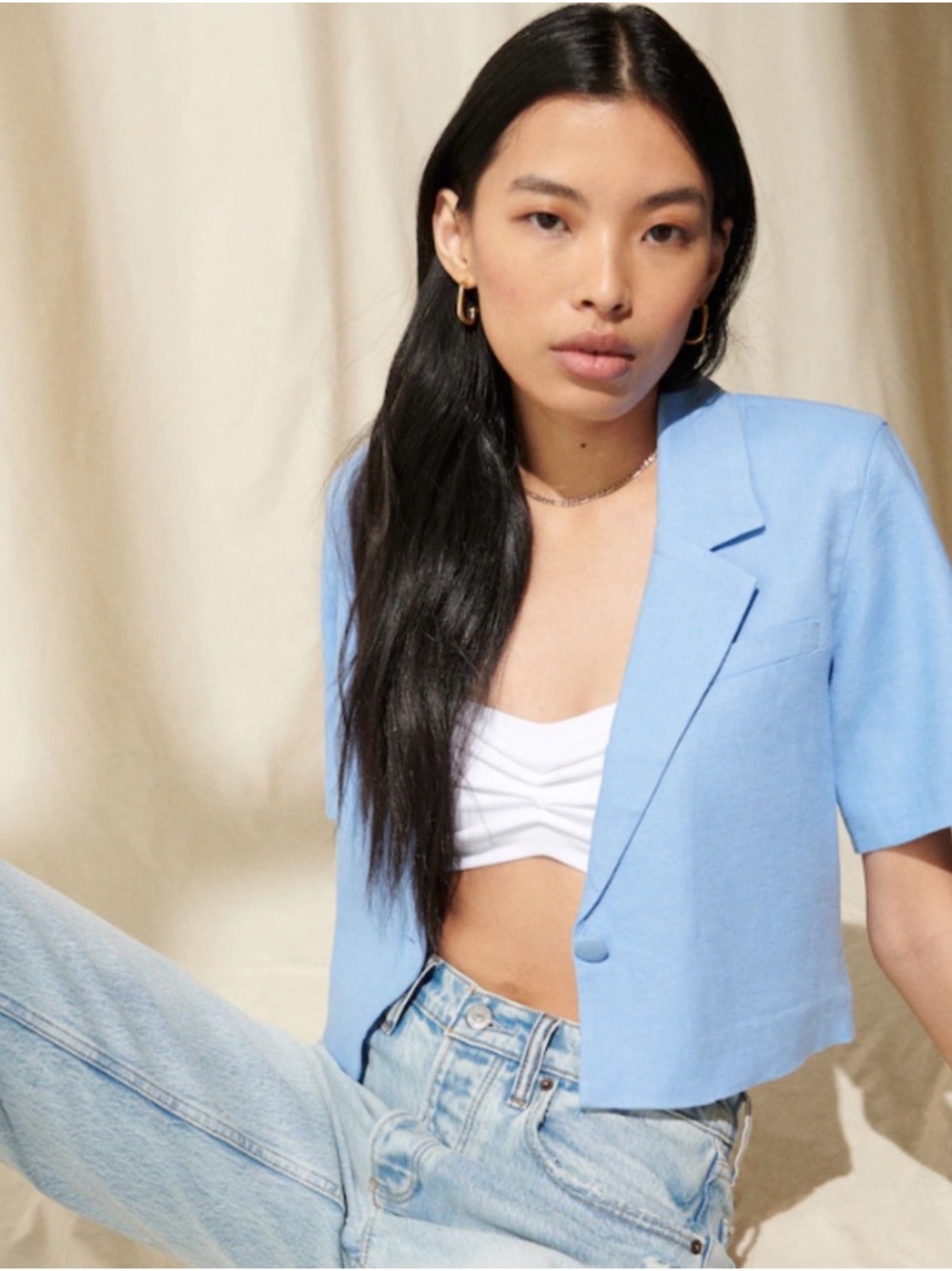Abercrombie & Fitch Linen-Blend Short-sleeve cropped blazer